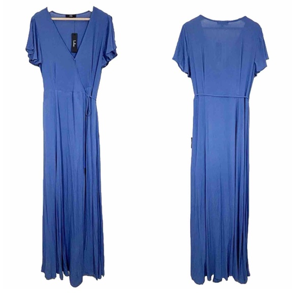 NWT Lulus Heart Of Marigold Wrap Maxi Dress Fluttering Sleeves Blue Sz L - Picture 2 of 16
